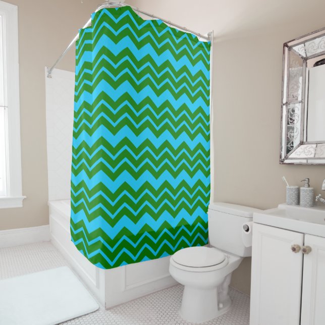 Rideaux De Douche Motif zigzag chevron bleu vert (En situation)