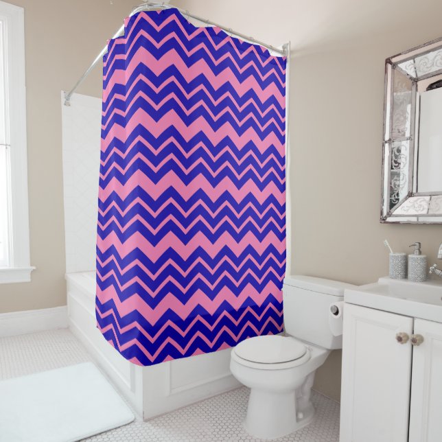 Rideaux De Douche Motif Zigzag Chevron Rose Bleu  (En situation)