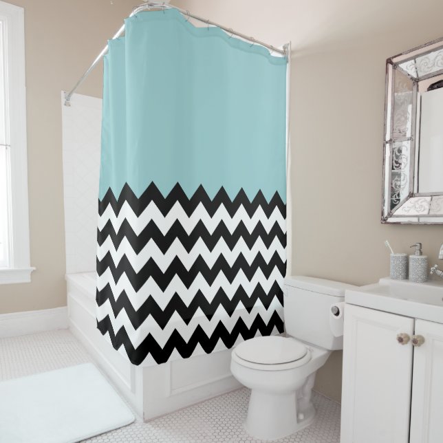 Rideaux De Douche Motif Zigzag noir et blanc, Chevron, Bleu (En situation)