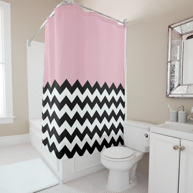 Rideaux De Douche Motif Zigzag noir et blanc, Chevron, rose (En situation)