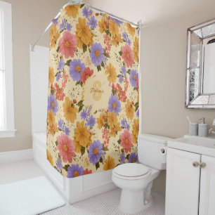 Rideaux De Douche Moutarde Terre Cuite Bleu Fleur Sauvage