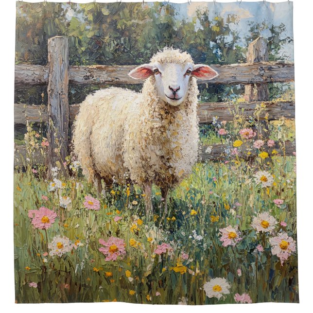 Rideaux De Douche Moutons de printemps avec peinture Fleur sauvage (Devant)