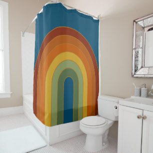 Rideaux De Douche Muet Retro Seventies Rainbow Navy Blue