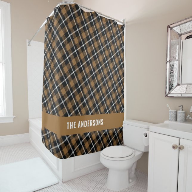 Rideaux De Douche Mustard tartan moderne rustique personnalisé (En situation)