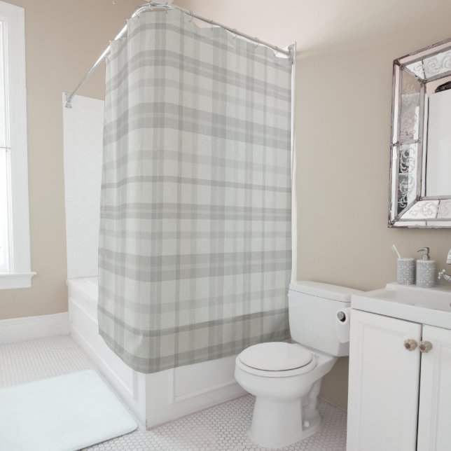 Rideaux De Douche Muted Farmhouse Gray Plaid w/ Linen Texture (En situation)