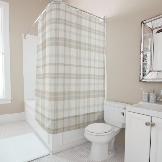 Rideaux De Douche Muted Farmhouse Taupe Plaid w/ Linen Texture (En situation)