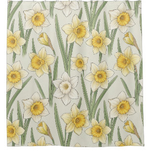 Rideaux De Douche Narcisses jaunes vintage sur fond ivoire