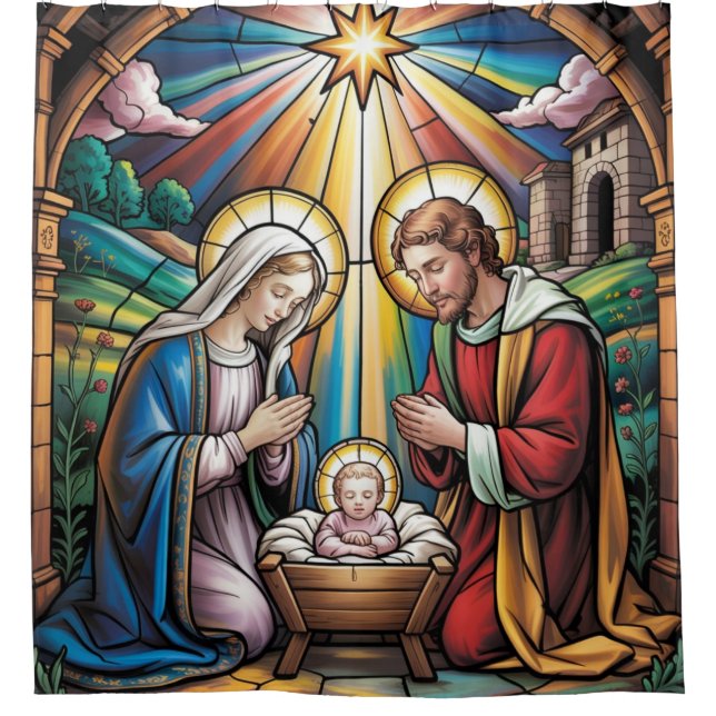 Rideaux De Douche Nativity Stained Glass Art – Holy Family Christmas (Devant)