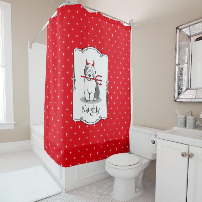 Rideaux De Douche Naughty Devil Old English Sheepdog (Gris 1) (En situation)