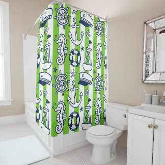 Rideaux De Douche Nautical Doodles – Rayure côtière lime et marine