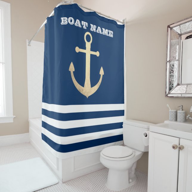 Rideaux De Douche Nautical, Gold Anchor Navy Blue Striped (En situation)