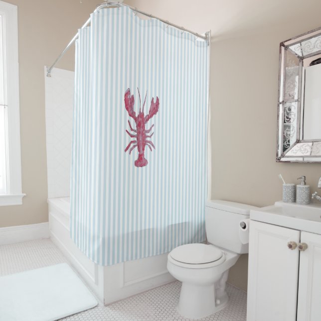 Rideaux De Douche Nautical Lobster Stripe Pattern Coastal  (En situation)