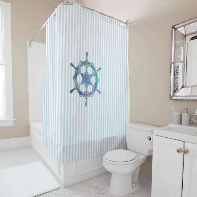 Rideaux De Douche Nautical Sailboat Stripe Pattern Coastal  (En situation)