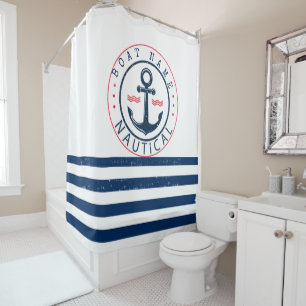 Rideaux De Douche Nautique, nom de bateau, ancrage bleu marine rayé