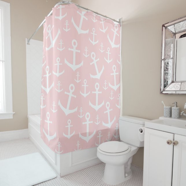 Rideaux De Douche Nautique rougissent le motif rose et blanc d'ancre (En situation)