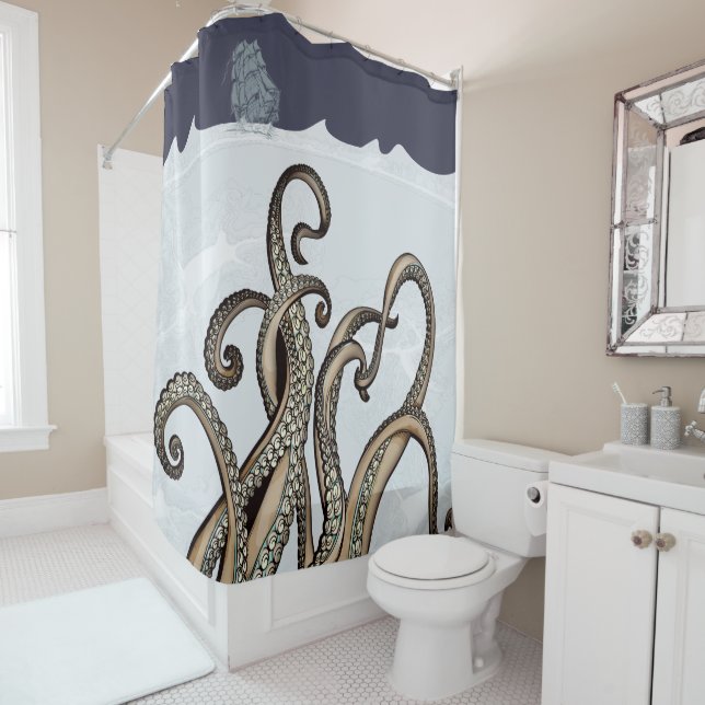 Rideaux De Douche Navire à voile et Monster de la mer Kraken (En situation)