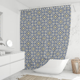 Rideaux De Douche Navy and Yellow Spanish Tile Pattern