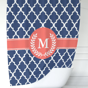 Rideaux De Douche Navy Blue et Corail Personnalisé Quatrefeuille