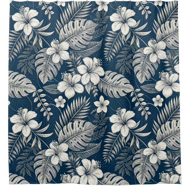 Rideaux De Douche Navy Blue Hibiscus Monstera Tropical Botanical (Devant)