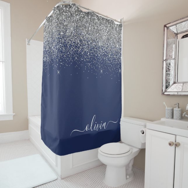 Rideaux De Douche Navy Blue Paillettes Monogramme Féminin Nom (En situation)