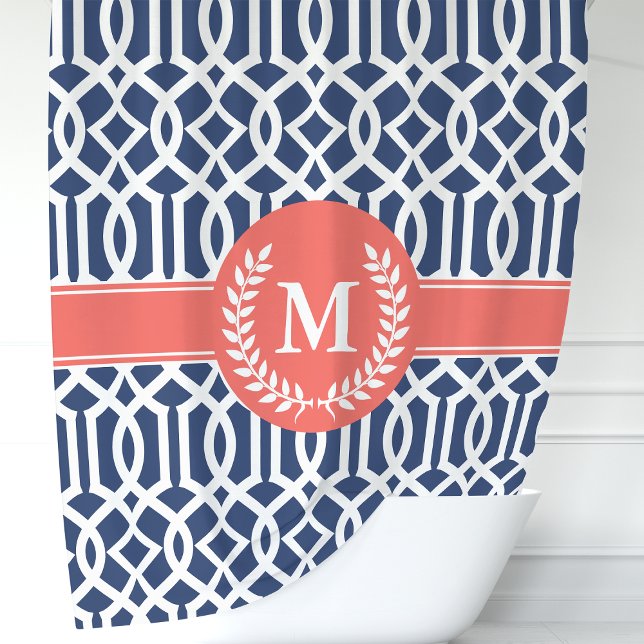 Rideaux De Douche Navy et Coral Treillis Marocain Monogramme (Créateur téléchargé)