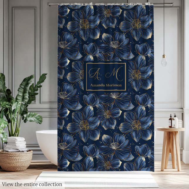 Rideaux De Douche Navy Gold Flowers Shower Curtain Lux Minimalist (Navy Gold Flowers Shower Curtain Lux Minimalist Style)