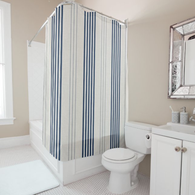 Rideaux De Douche Navy Slate Ticking Stripe Linen Texture (En situation)