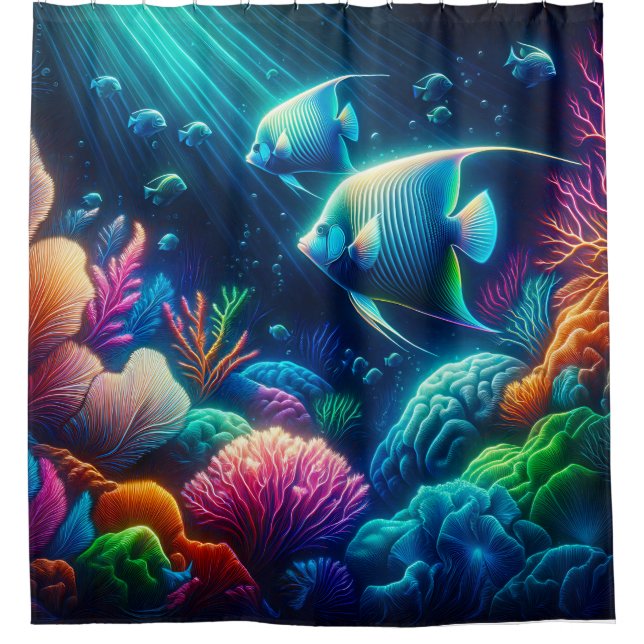 Rideaux De Douche "Neon Angelfish Coral Reef Art" (Devant)