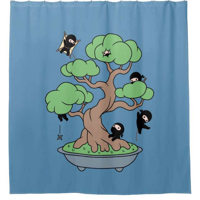 Rideaux De Douche Ninjas minuscules dans l'arbre Bonsai en bleu (Devant)