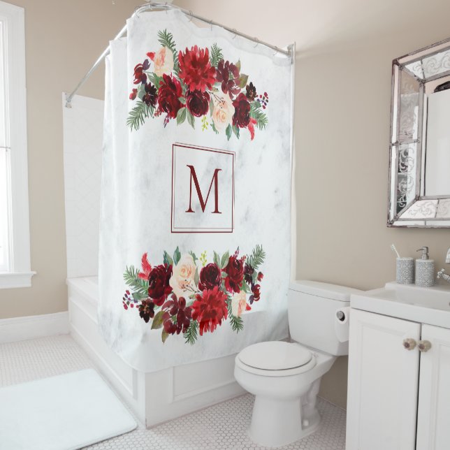 Rideaux De Douche Noël Boho Chic Floral Branche Marbre Monogramme (En situation)