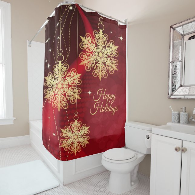 Rideaux De Douche Noël cadeau Red Golden Snowflakes Holiday (En situation)