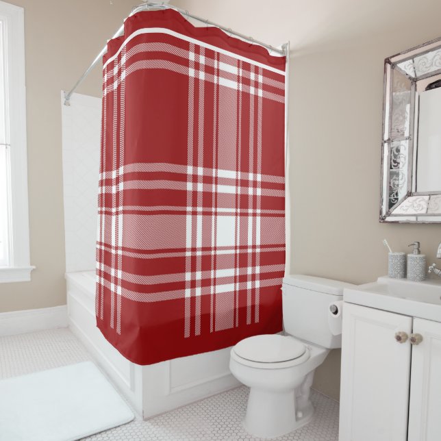 Rideaux De Douche Noël de saison Plaid Tartan Red White (En situation)