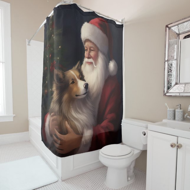 Rideaux De Douche Noël festif de Shetland Sheepdog Père Noël (En situation)