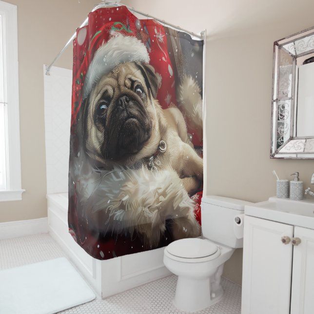 Rideaux De Douche Noël Fête du Chien Carlin (En situation)