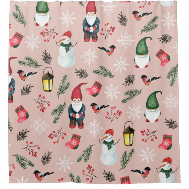 Rideaux De Douche Noël Gnomes Aquarelle Motif sans coutures (Devant)