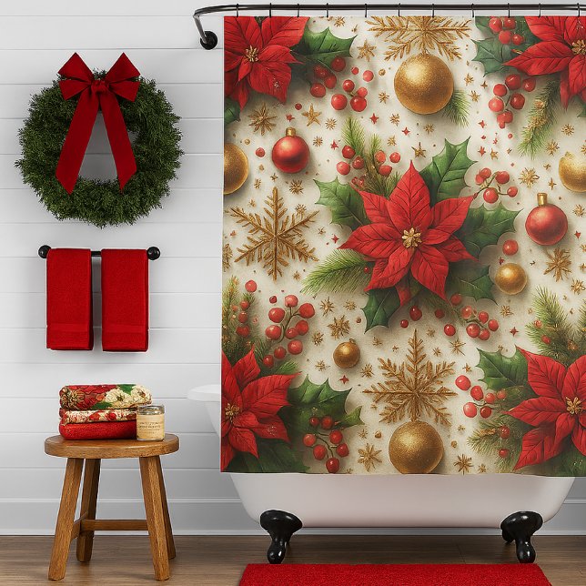 Rideaux De Douche Noël Poinsettia rouge avec des flocons d'or (Créateur téléchargé)