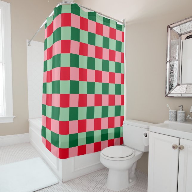 Rideaux De Douche Noël rouge rouge vert rose Tartan Plaid (En situation)