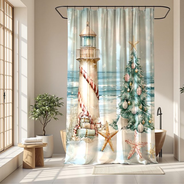 Rideaux De Douche Noël sur la plage - Arbre de Noël du phare (Créateur téléchargé)