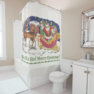 Rideaux De Douche Noël Vintage, Jolly Santa Claus avec Sleigh