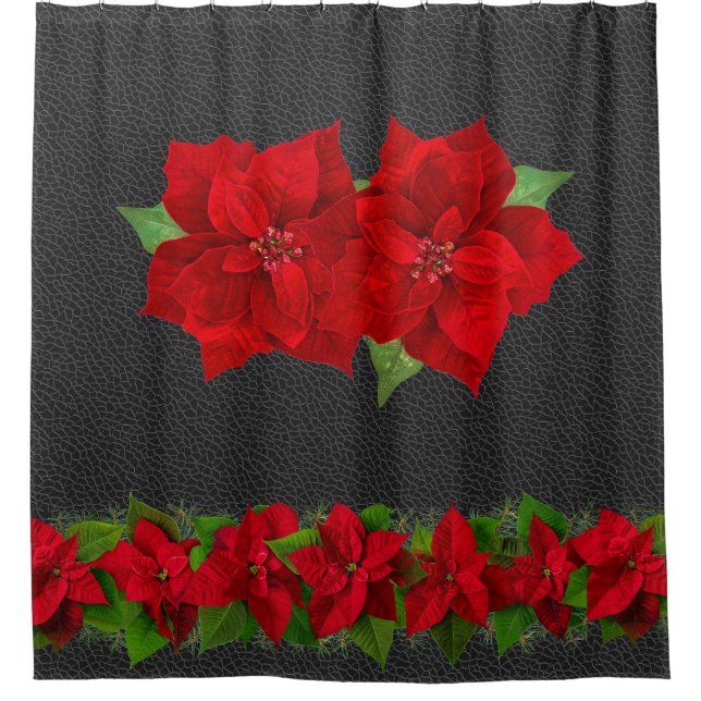 Rideaux De Douche Noëls Poinsettias rouges avec verdure sur noir (Devant)