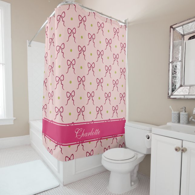 Rideaux De Douche Nœuds Rose Chaud Taches Vertes (En situation)