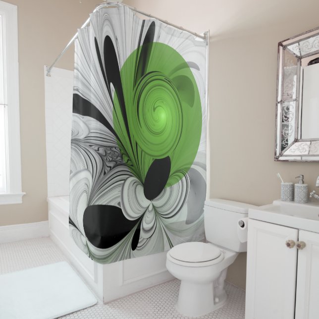 Rideaux De Douche Noir Abstrait et blanc avec art fractal vert (En situation)