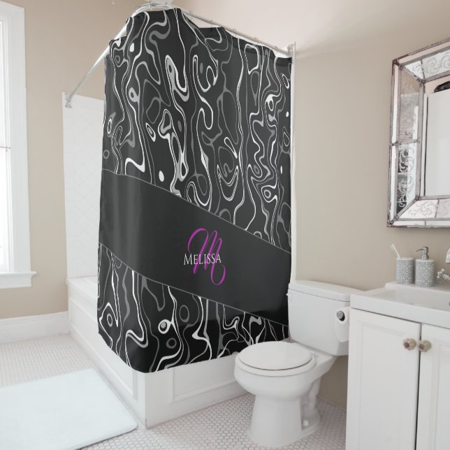 Rideaux De Douche Noir blanc damas abstrait motif Monogramme (En situation)