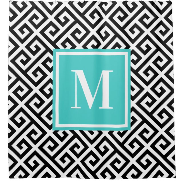 Rideaux De Douche Noir blanc Diagonal Clé grecque Turquoise Monogram (Devant)