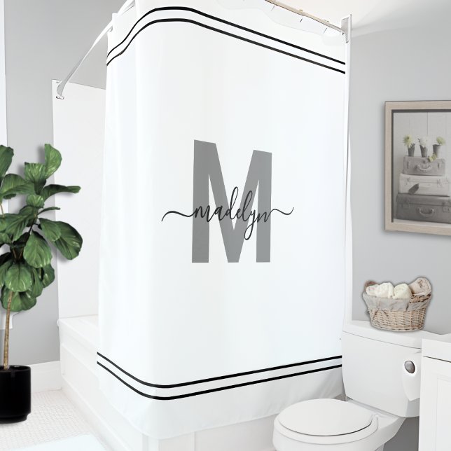 Rideaux De Douche Noir Blanc Élégant Monogramme Initial de Nom (Elegant Name Initial Monogram Black White Shower Curtain)