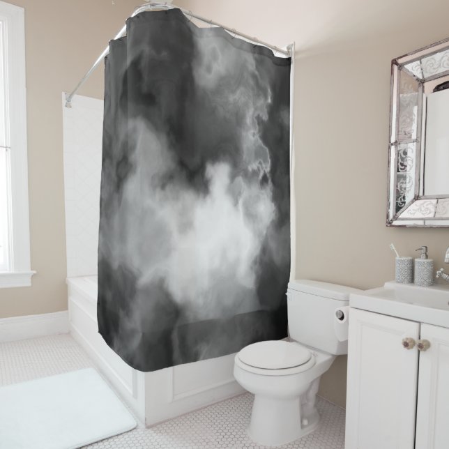 Rideaux De Douche Noir, blanc et gris marbré Abstrait (En situation)