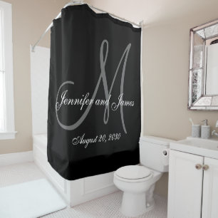 Rideaux De Douche Noir Blanc Monogramme Nouveaux mariés Noms Mariage