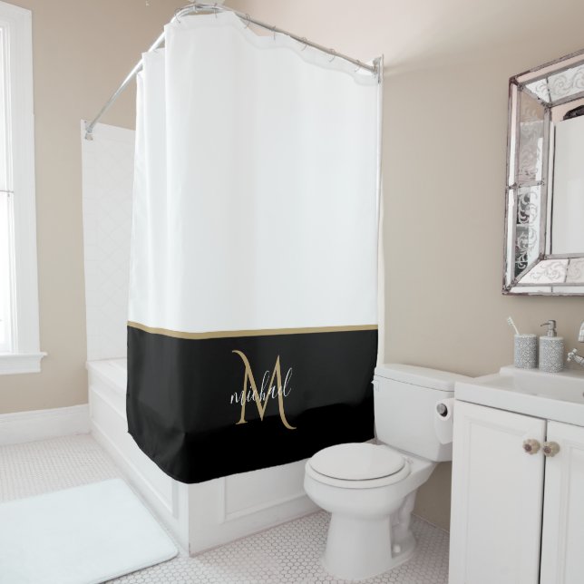 Rideaux De Douche Noir | Blanc   & Monogramme Or Luxe  (En situation)