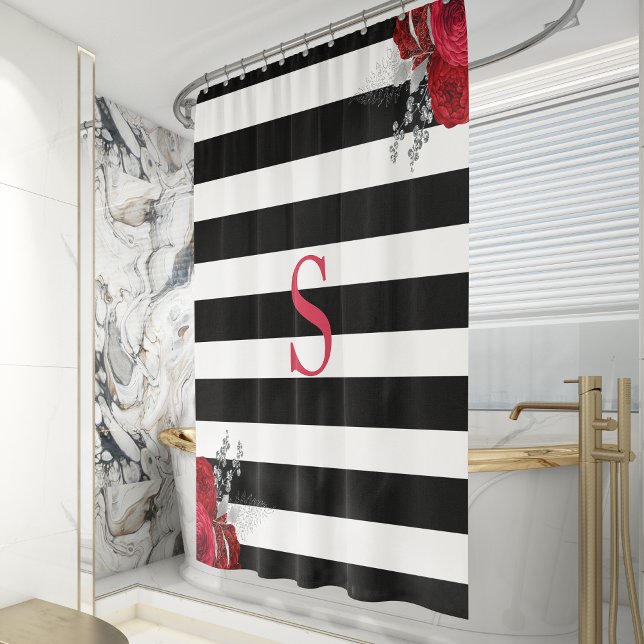 Rideaux De Douche Noir Blanc Rayé Rouge Argent Floral Monogramme (Créateur téléchargé)