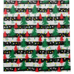 Rideaux De Douche Noir Blanc Stripes Neiges Rouge Vert Arbres
